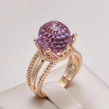 Awesome Elegant Filled 14K Rose Gold  Purple AAA Zircon Crystal Ball Crown Big Ring -  High Quality Fine Jewellery